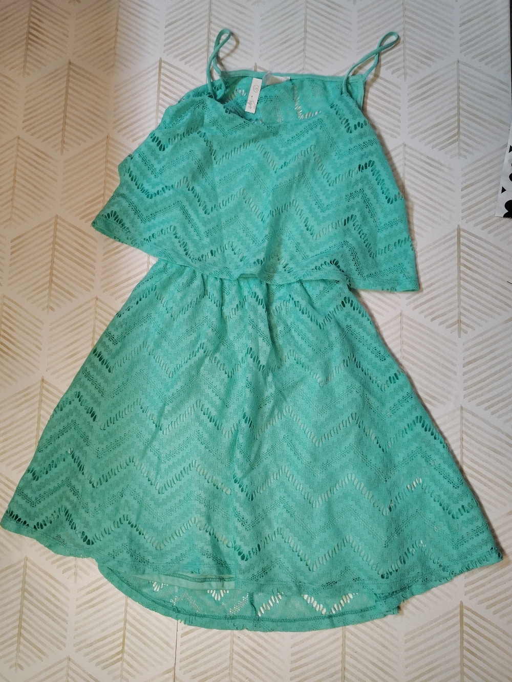 My Story Aqua Lace Chevron Sundress Small